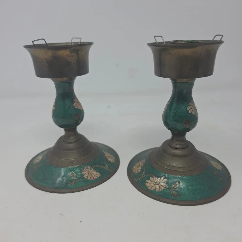 Vintage Brass Teal Green Enamel Candlestick Holders Set of 2 Pink Flowers. W